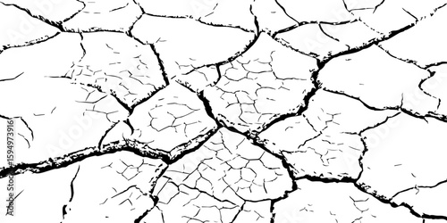 High-contrast cracked dry earth texture showing detailed drought patterns. Ideal for backgrounds, environmental themes, natural disasters, and climate change-related design.
