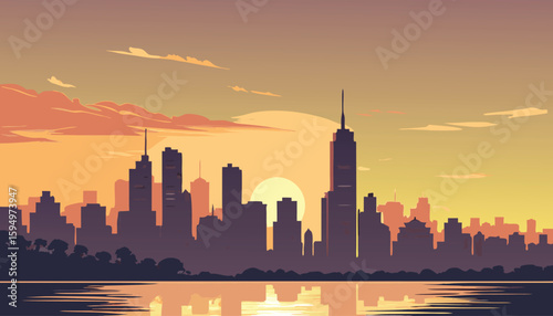 Vector Silhouette of Modern Cityscape in Golden Hour