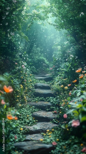 Walking Path in Enchanted Garden with Stone Steps and Flowers