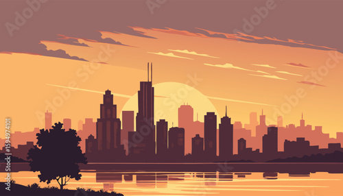 Vector Silhouette of Modern Cityscape in Golden Hour