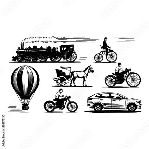 Transportation Evolution: Vintage Trains, Hot Air Balloons, Bicycles, Motorcycles & Cars.