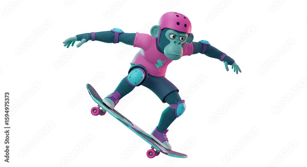 Obraz premium Cartoon monkey skateboarding action illustration