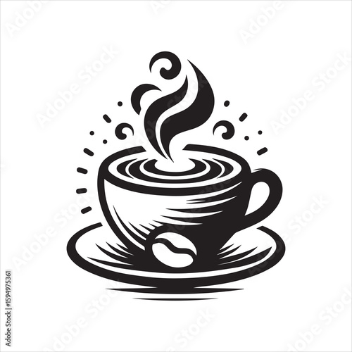Stylized Coffee Cup with Steaming Aroma and Coffee Bean Detail.