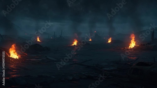 Desolate landscape with burning wreckage at dusk