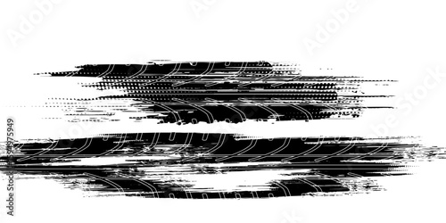 Tire tread marks, wheel textures, tire marks - car racing, motocross, drift, rally, off-road and others. Vector black isolated texture in grunge style with splashes.eps10