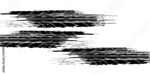 Tire tread marks, wheel textures, tire marks - car racing, motocross, drift, rally, off-road and others. Vector black isolated texture in grunge style with splashes.eps10