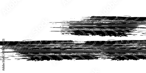 Tire tread marks, wheel textures, tire marks - car racing, motocross, drift, rally, off-road and others. Vector black isolated texture in grunge style with splashes.eps10