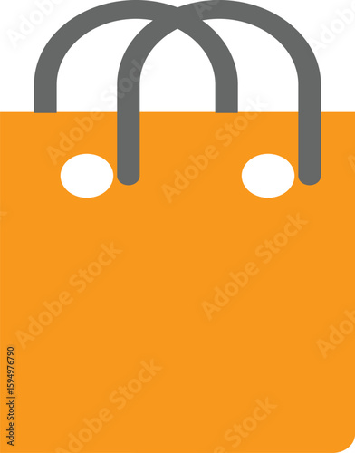 Minimalist shopping bag icon in bright orange with gray handles and white button accents. Perfect for e-commerce, online store, retail business, sale promotions, app interfaces, and digital marketing 