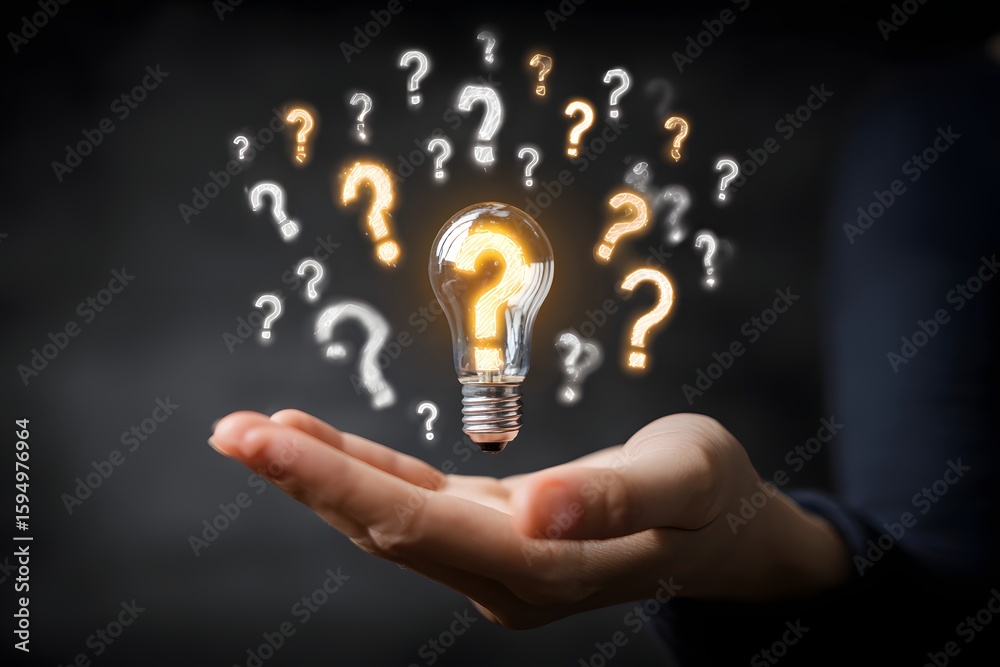 Creative idea and question concept with glowing light bulb and question marks Creative idea and question concept with glowing light bulb and question marks