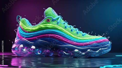 Futuristic commercial animation of a neon sneaker with a dynamic water splash in a seamless product loop
