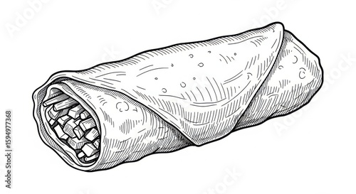 Detailed Black and White Illustration of Burrito with Filling and Wrapping