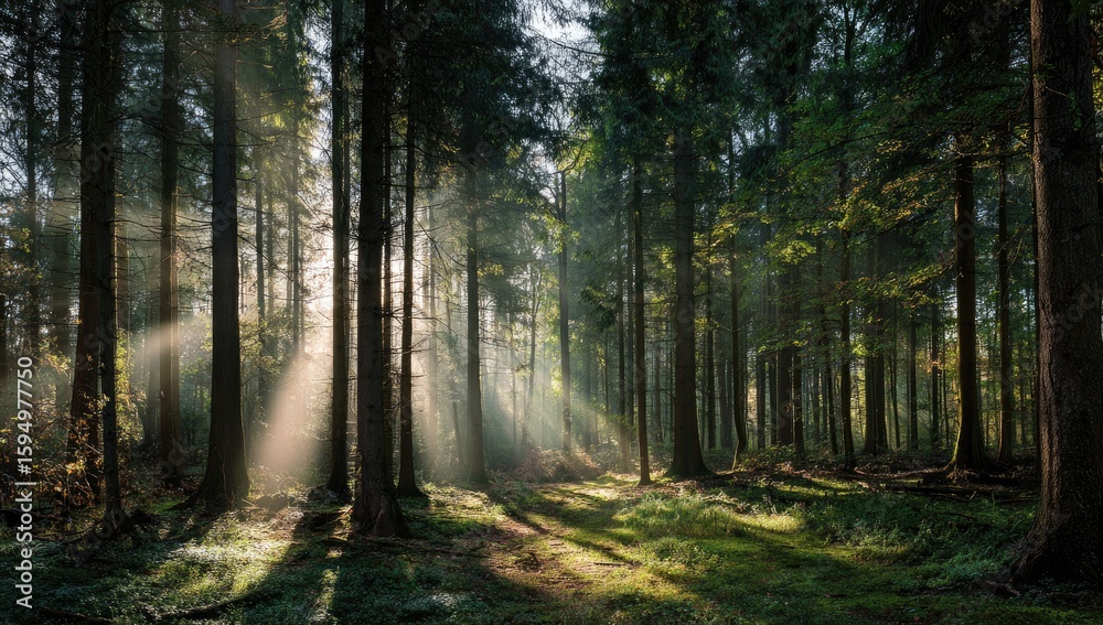 Fototapeta premium Sunlight streams through a dense forest