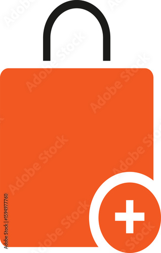 Minimalist shopping bag icon in bright orange with gray handles and white button accents. Perfect for e-commerce, online store, retail business, sale promotions, app interfaces, and digital marketing 