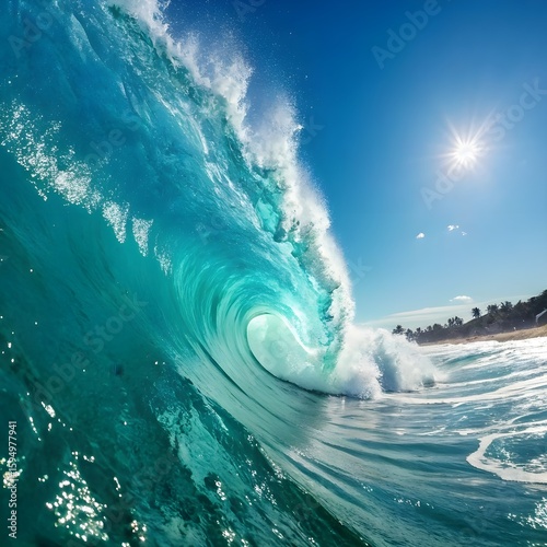 Powerful turquoise ocean wave curling toward tropical beach under blue sky, capturing natural beauty, surfing thrill, and coastal marine energy.