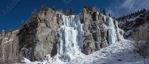 Frozen cascade dynamics at Colorado Bridal Veil Falls with ice climbers, adventure scene for sports magazines or winter risk education.