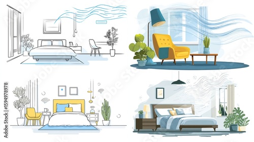 Four minimalist line-art illustrations depict well-ventilated rooms with air currents visualized, showing bedrooms and living areas with furniture, plants, and 