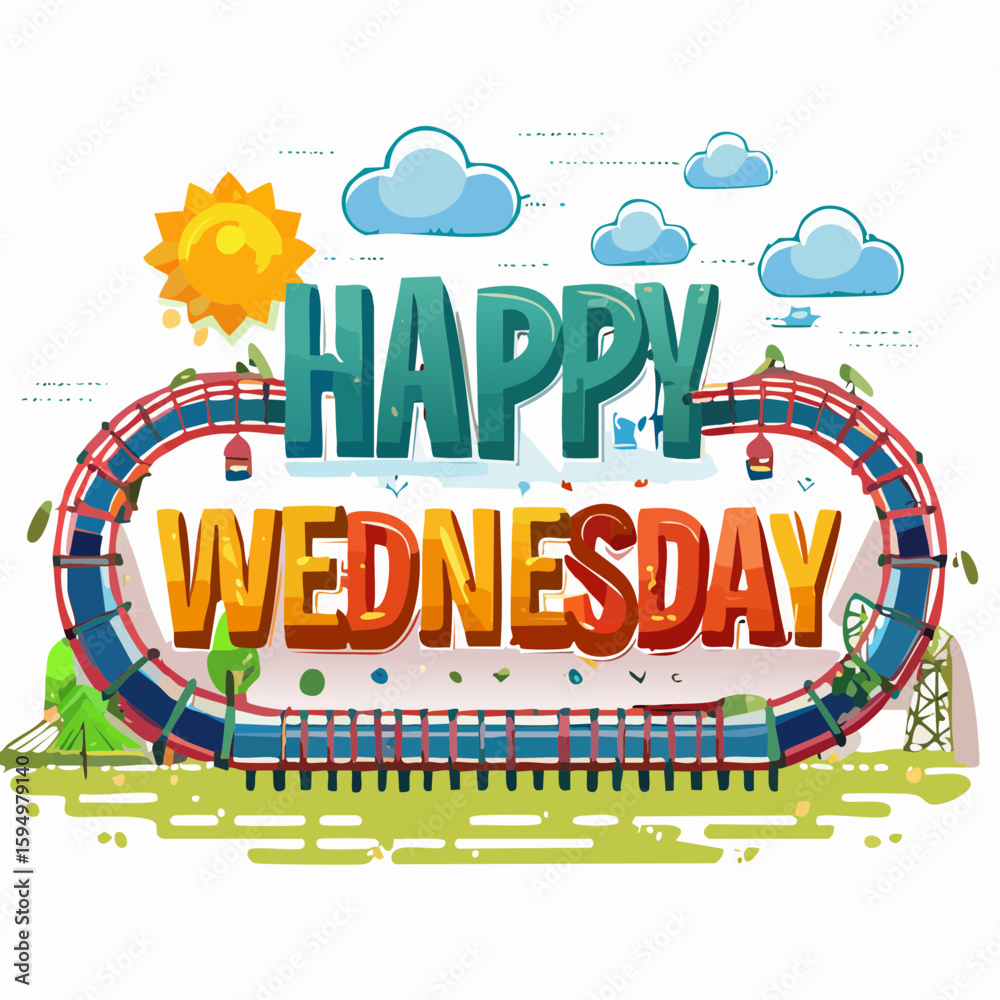 Fototapeta premium Happy Wednesday greeting with sun, clouds, and green grass graphic