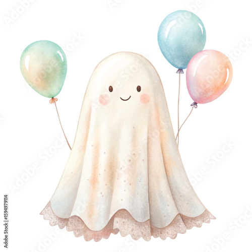 Cute little ghosts and beautiful flowers Clipart watercolor 
