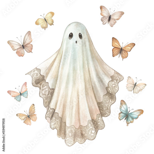 Cute little ghosts and beautiful flowers Clipart watercolor 
