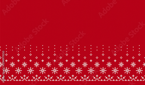 Christmas red knitted texture with snowflakes border print. Xmas ornament on knit seamless pattern. Holiday background. Fair isle traditional ornament. Festive sweater. Vector illustration.
