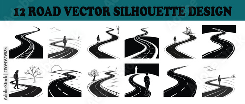 Winding roads with solitary figures and landscapes silhouette black