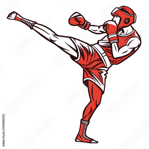 Kickboxing figure in dynamic pose, red, isolated on a clean background for combat sports.