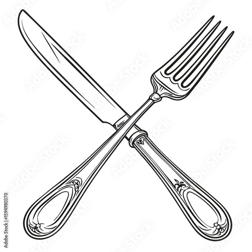 Knife and fork parallel with metallic sheen, isolated on a clean background for dining.