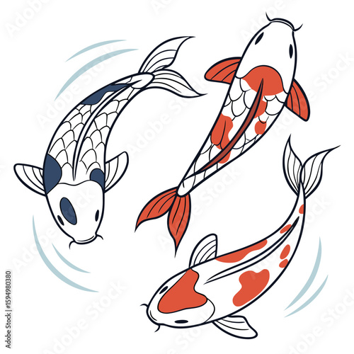 Koi fish swimming with simplified patterns, isolated on a clean background for serene nature.