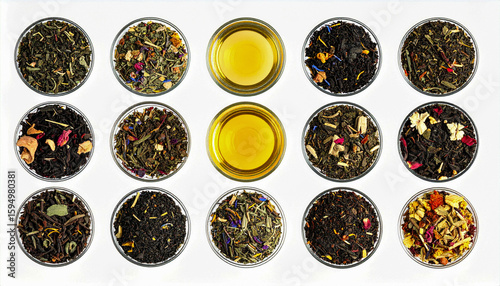 Collection of herbal teas and botanical infusions isolated on white background with steam effect and directional lighting for health-focused visuals