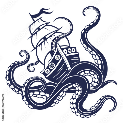 Kraken tentacles wrapping around ship, isolated on a clean background for fantasy or danger.