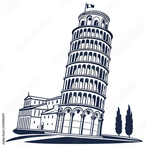 Leaning Tower of Pisa with tilted angle, isolated on a clean background for Italian travel.
