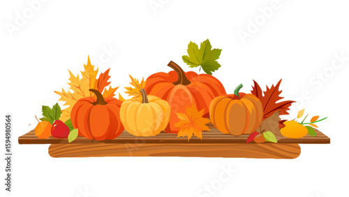 Fall harvest pumpkins and autumn leaves decoration on wooden surface for thanksgiving day illustration