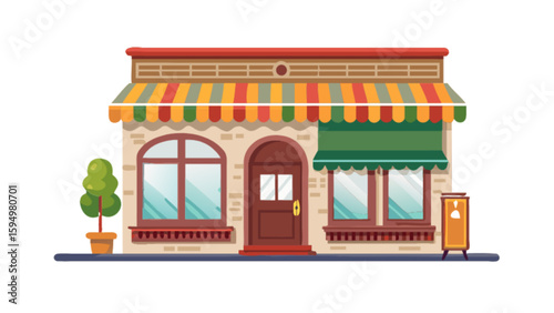 Illustration of a cute cartoon shop store front with awning and windows for business marketing use
