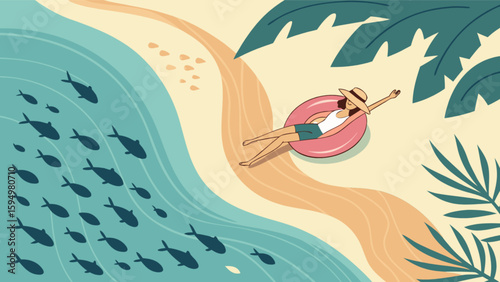 Beach vacation woman floating in inflatable ring summer holiday with fish and palm trees illustration