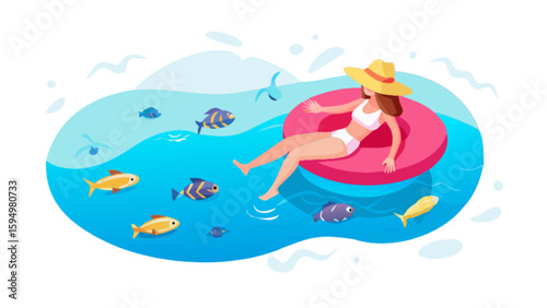 Woman floating on inflatable ring summer vacation swimming pool fish sea ocean holiday relaxation leisure sunbathing