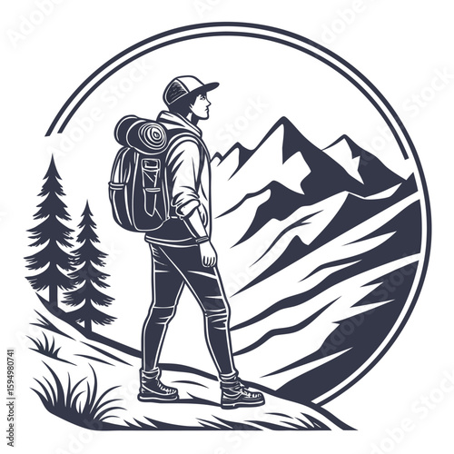 Lone hiker with backpack and distant mountain view, isolated for adventure or exploration.