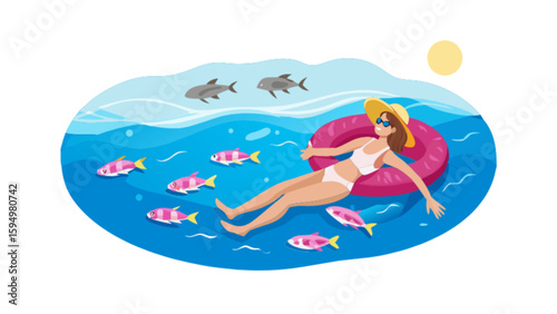 Woman relaxing on inflatable ring in summer ocean with fish and sun vector illustration design