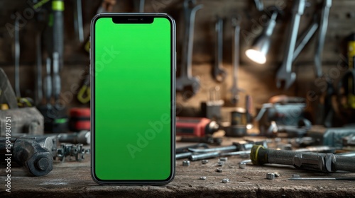 Smartphone with green screen in a cluttered workshop