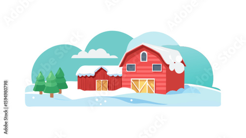 Winter farm scene with red barn and snow covered landscape vector illustration graphic design