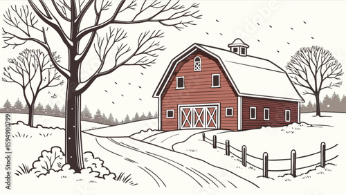 Winter barn scene illustration with snow covered farm house trees and fence country landscape drawing style