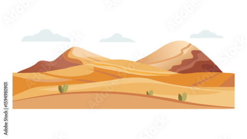 Explore the arid desert landscape vector illustration with sand dunes and sparse vegetation graphic design