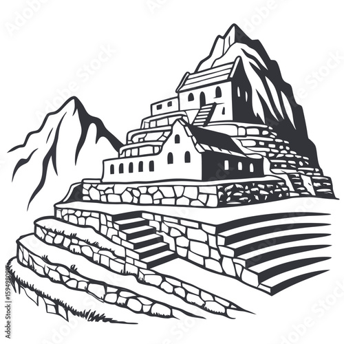 Machu Picchu with terraced ruins, isolated on a clean background for historical travel.