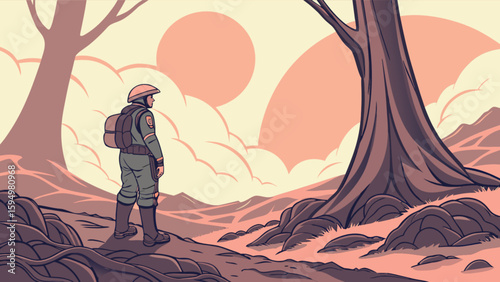 Illustration of lone explorer in alien landscape with trees and sunset for sci fi adventure game art
