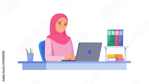 Muslim woman working from home on laptop vector illustration for remote work and online education concept