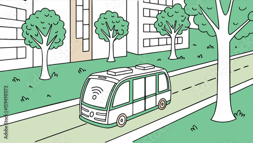 Autonomous vehicle illustration of self driving bus in city street with trees and buildings