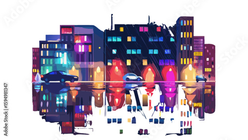 Cityscape at night with car traffic and reflections urban scene vector illustration modern vibrant style