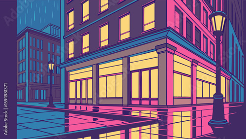 Vector illustration of rainy city street with buildings and streetlights at night urban landscape scene