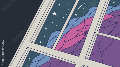 Night sky view through window with stars, galaxy, and dreamy purple mountains digital art illustration