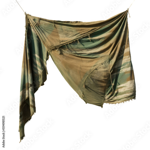 Weathered Fabric in Open Air: An old, tattered piece of fabric, bearing marks of time and the elements, hangs gently in the air, revealing a story of endurance and a hint of its history.