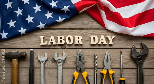 Labor Day Flat Lay with Tools and American Flag on Wood Background

